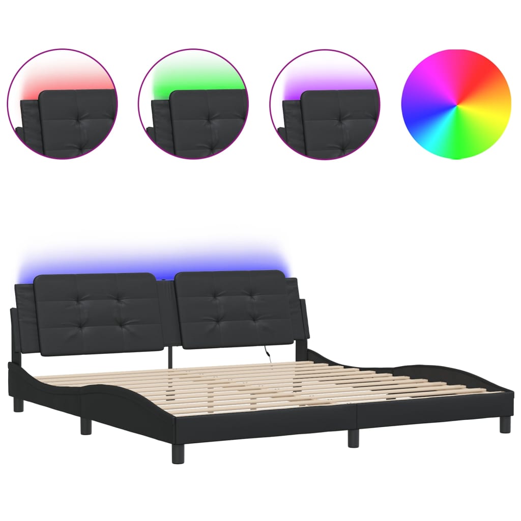 Sengeramme med LED-lys svart 200x200 cm kunstig lær