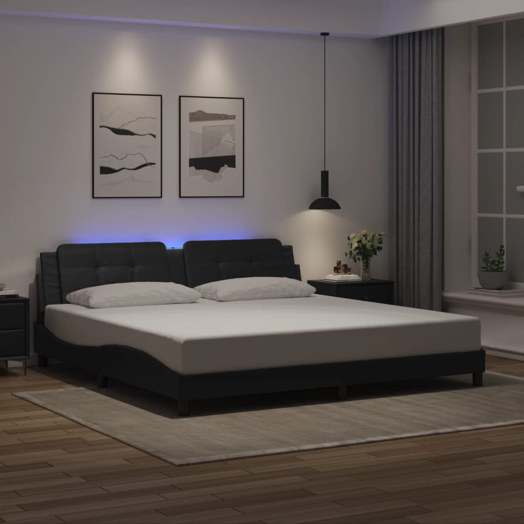 Sengeramme med LED-lys svart 200x200 cm kunstig lær