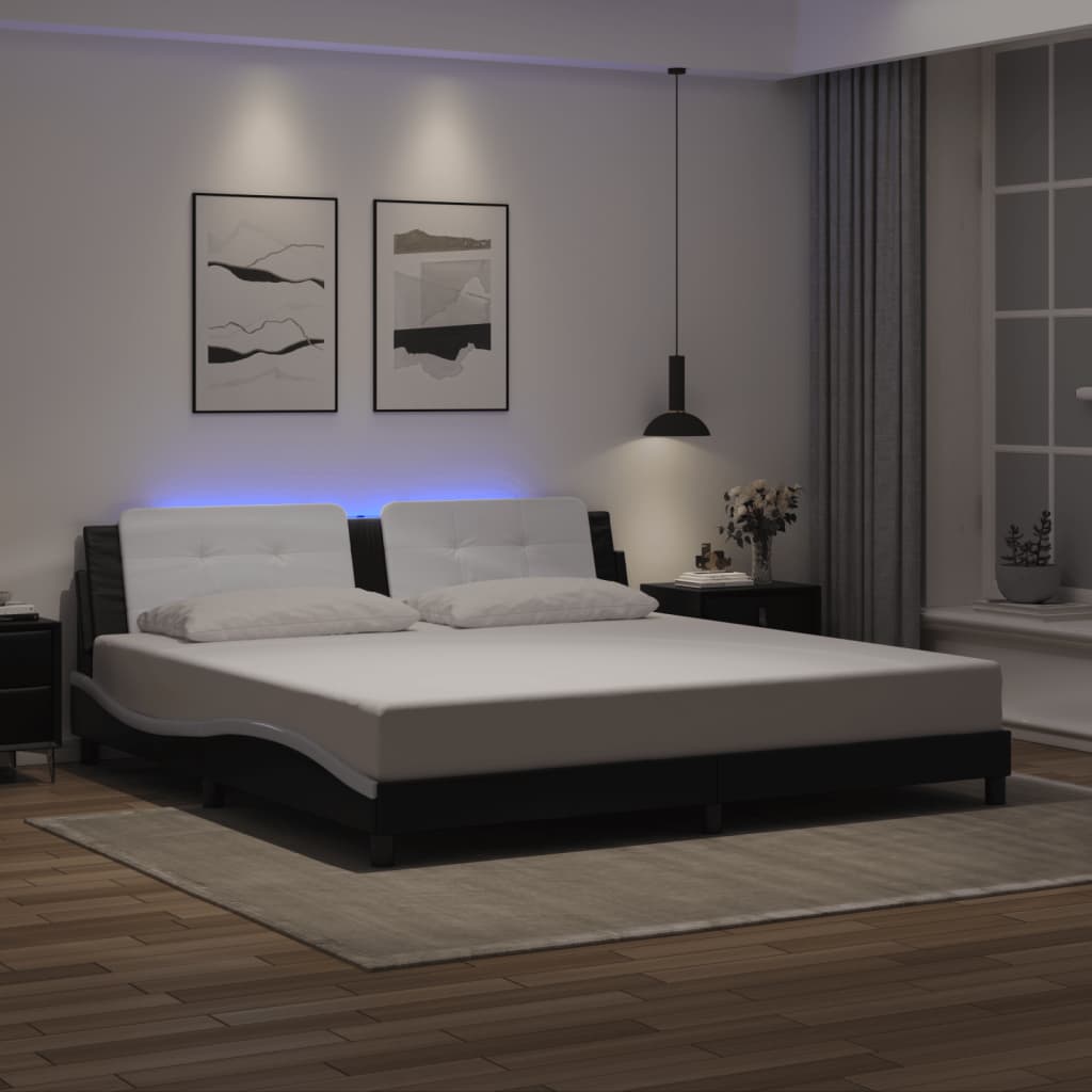 Sengeramme med LED-lys svart og hvit 200x200 cm kunstig lær