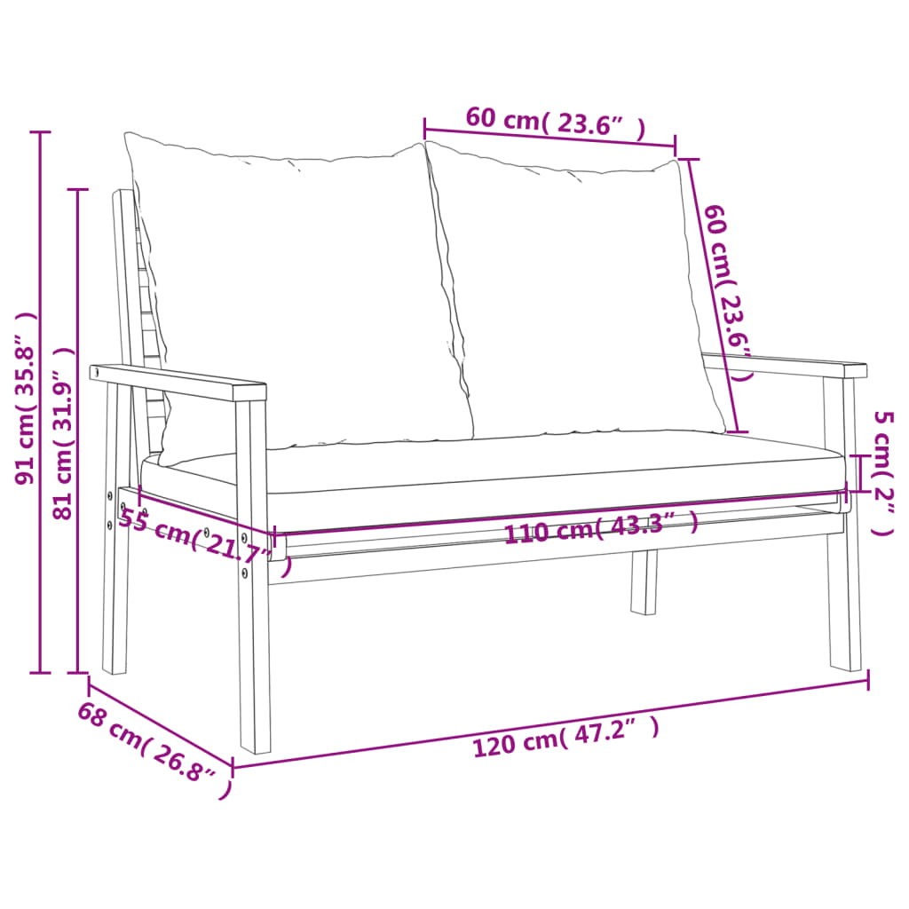 Hagebenk med pute 120 cm heltre akasie