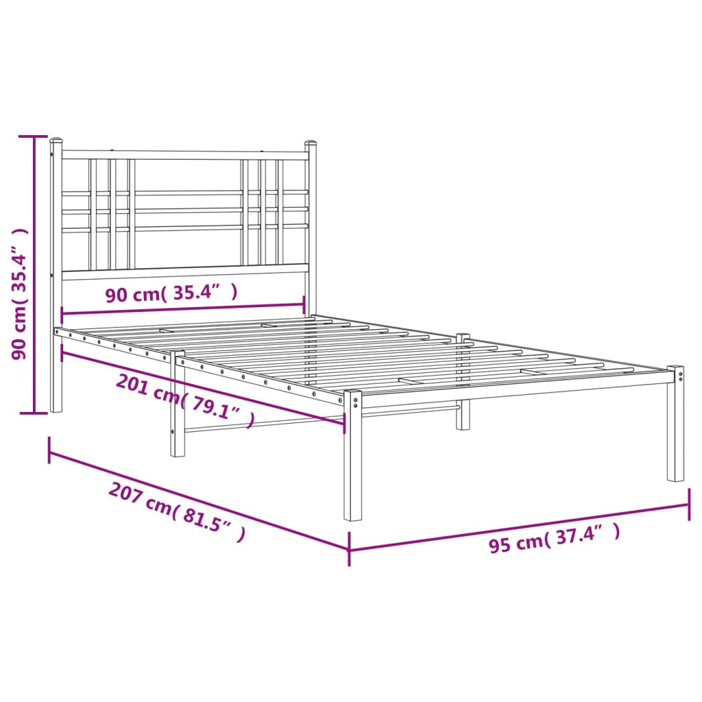 Sengeramme i metall med hodegavl svart 90x200 cm