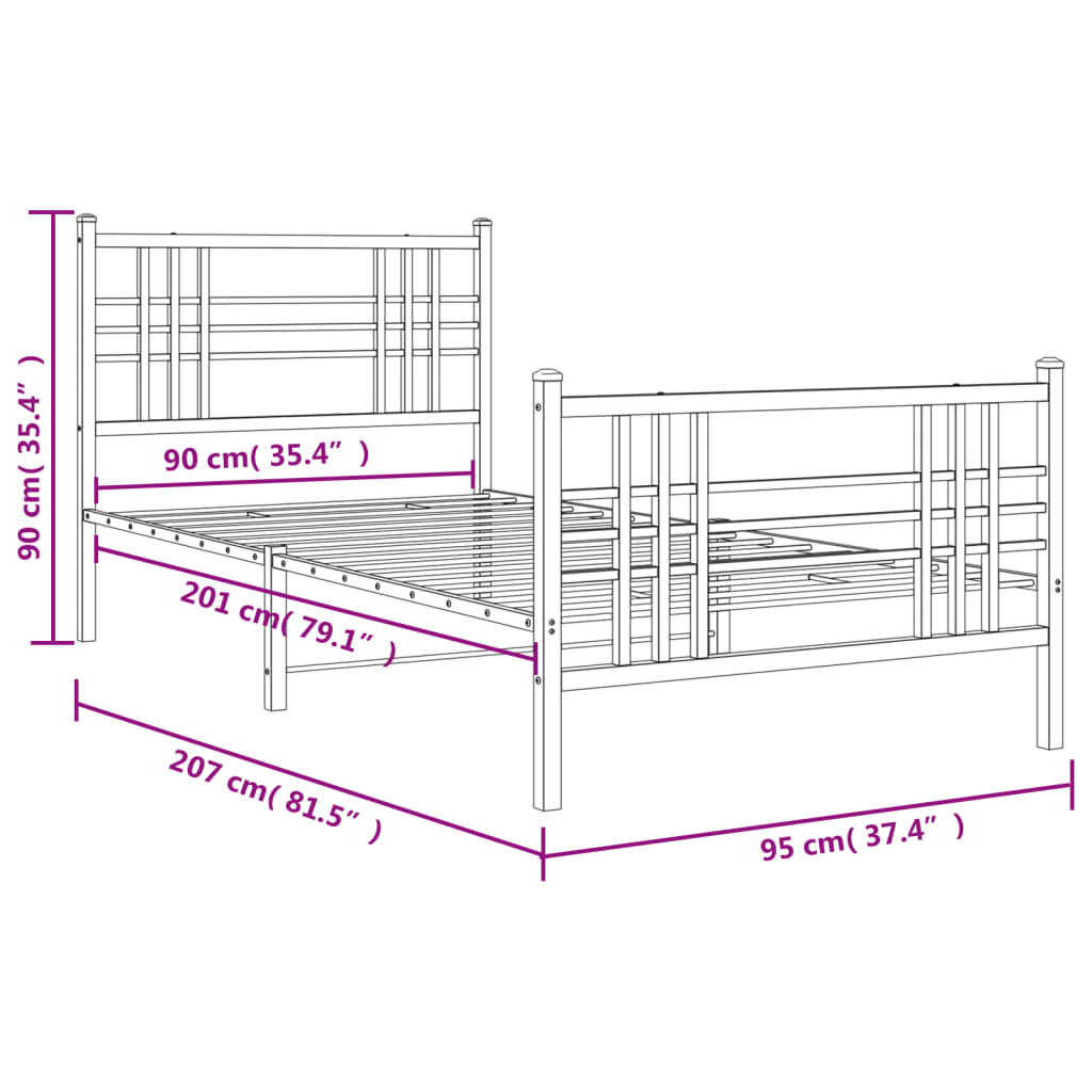 Sengeramme i metall med hode- og fotgavl svart 90x200 cm vidaXL