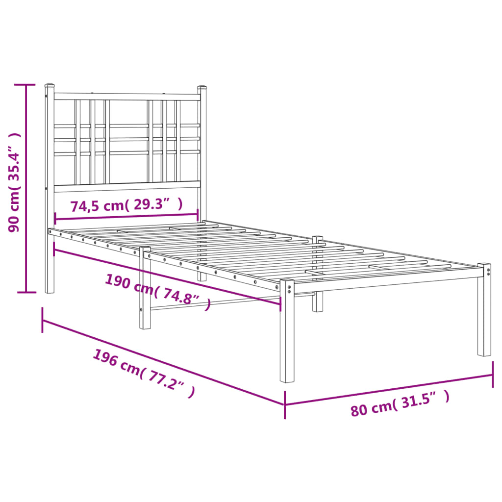 Sengeramme i metall uten madrass med hodegavl hvit 75x190 cm