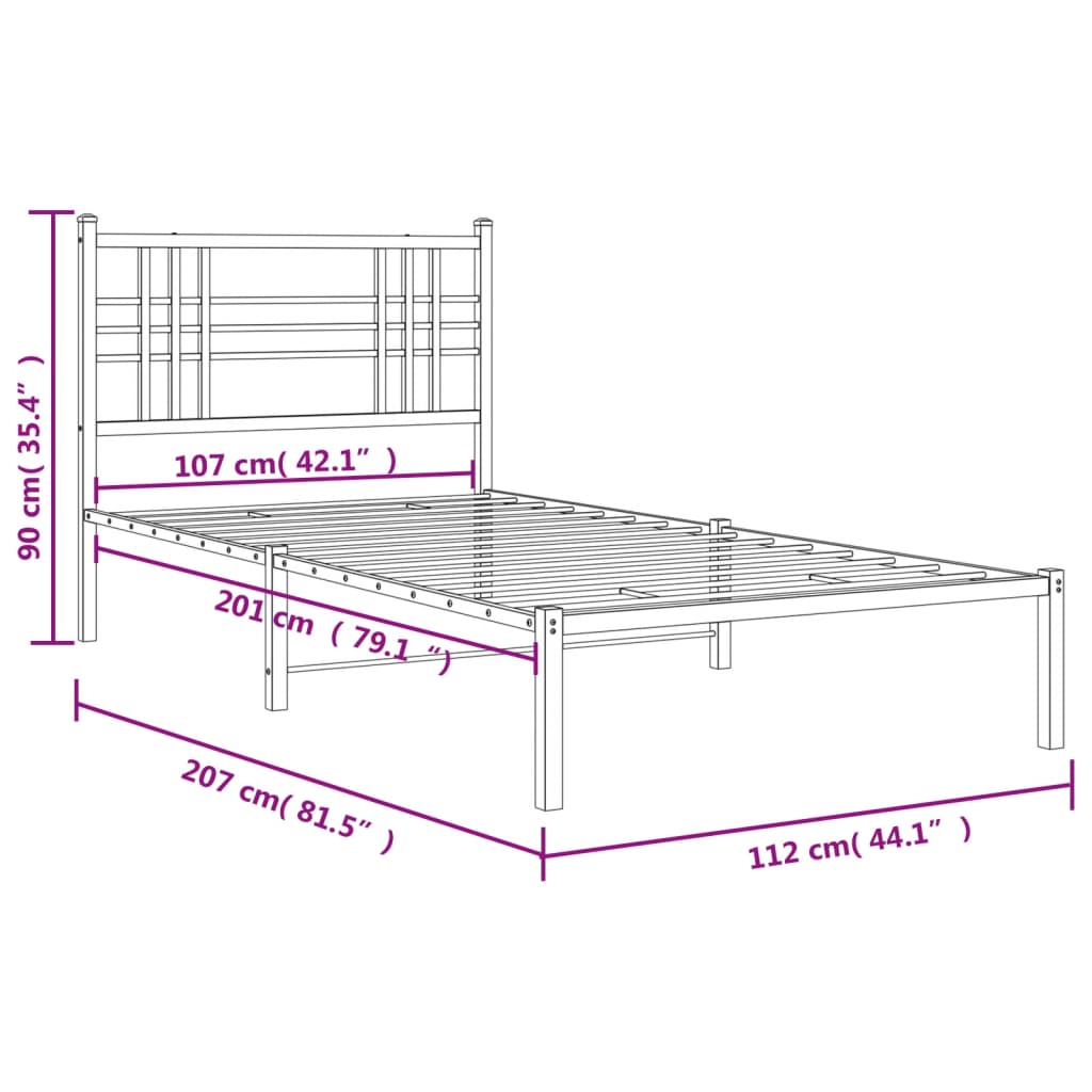 Sengeramme i metall med hodegavl hvit 107x203 cm