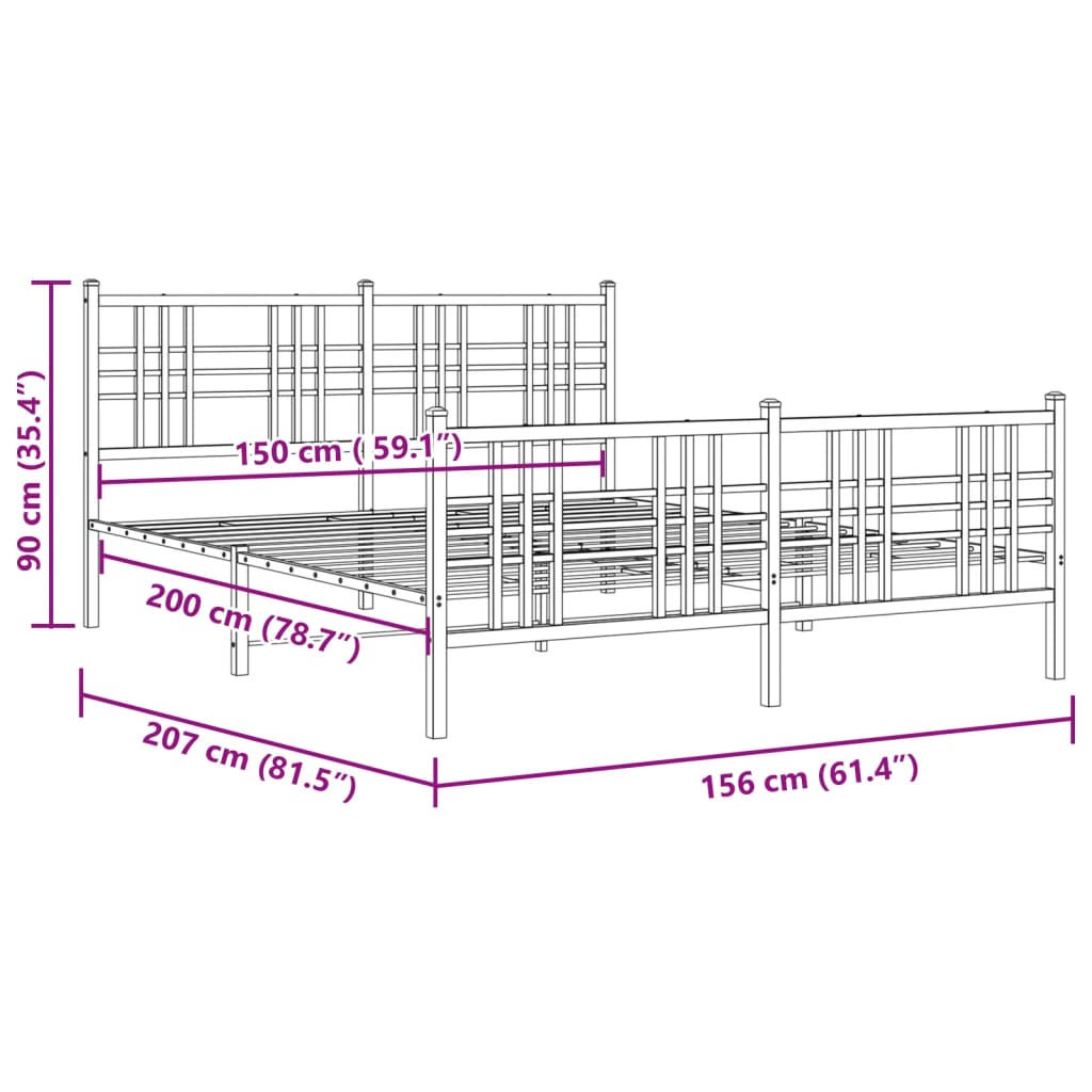 Sengeramme i metall med hode- og fotgavl hvit 150x200 cm