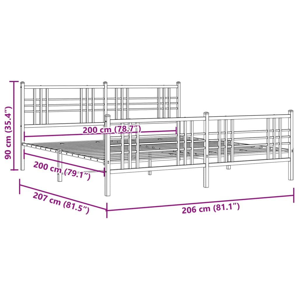 Sengeramme i metall med hode- og fotgavl hvit 200x200 cm
