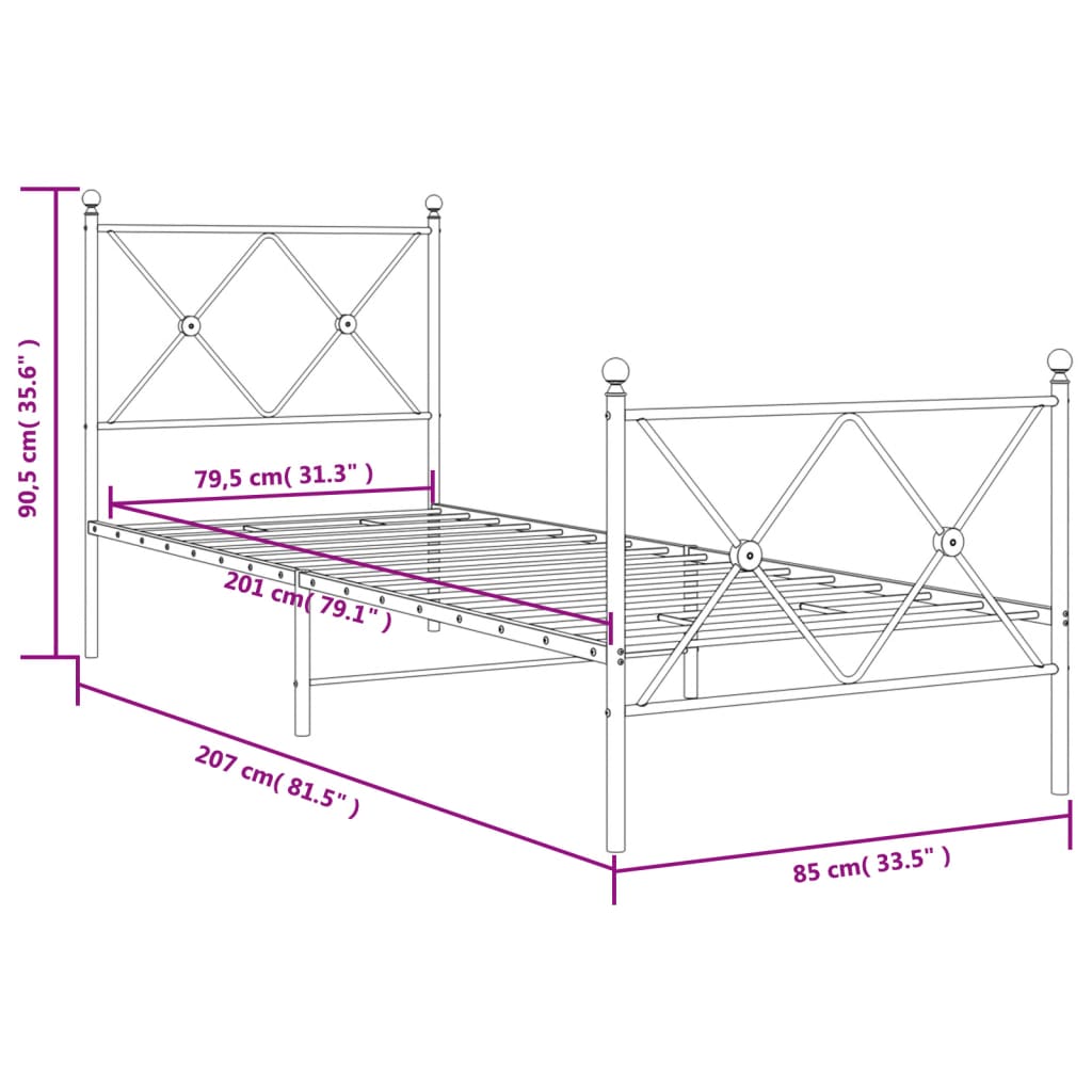 Sengeramme i metall med hode- og fotgavl svart 80x200 cm