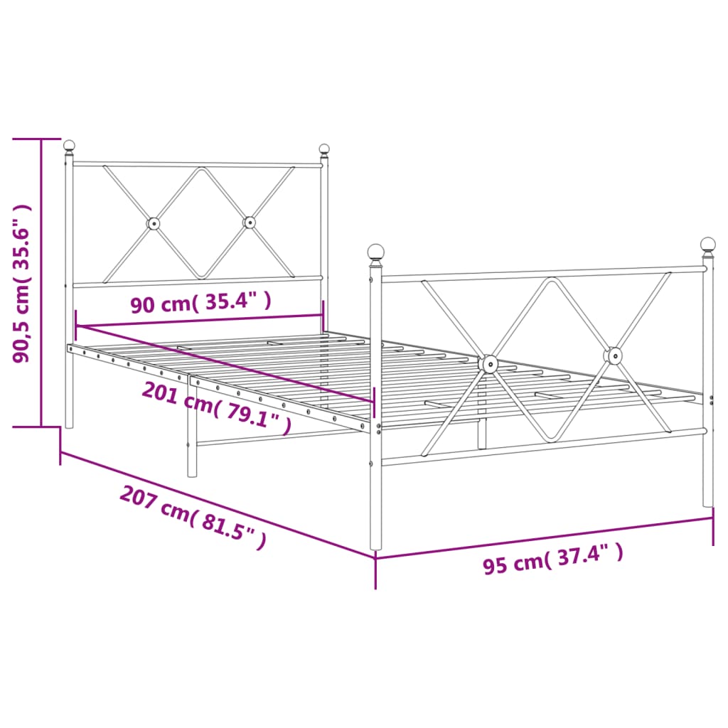 Sengeramme i metall med hode- og fotgavl svart 90x200 cm