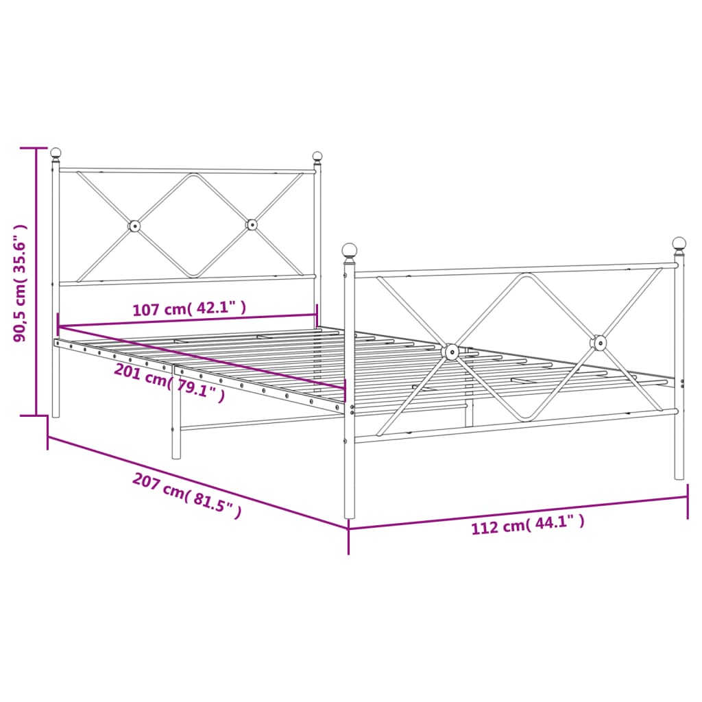 Sengeramme i metall med hode- og fotgavl svart 107x203 cm