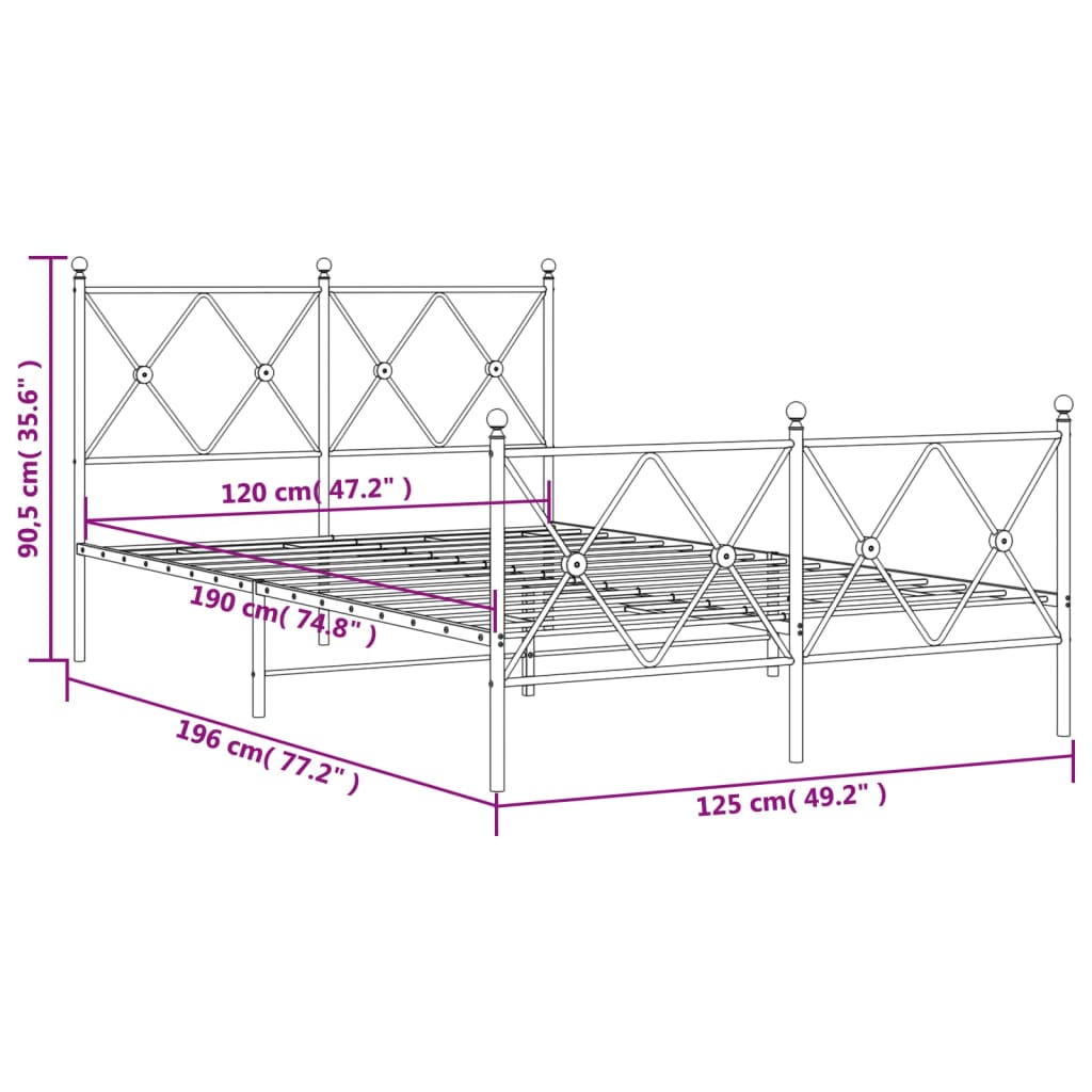 Sengeramme i metall med hode- og fotgavl svart 120x190 cm