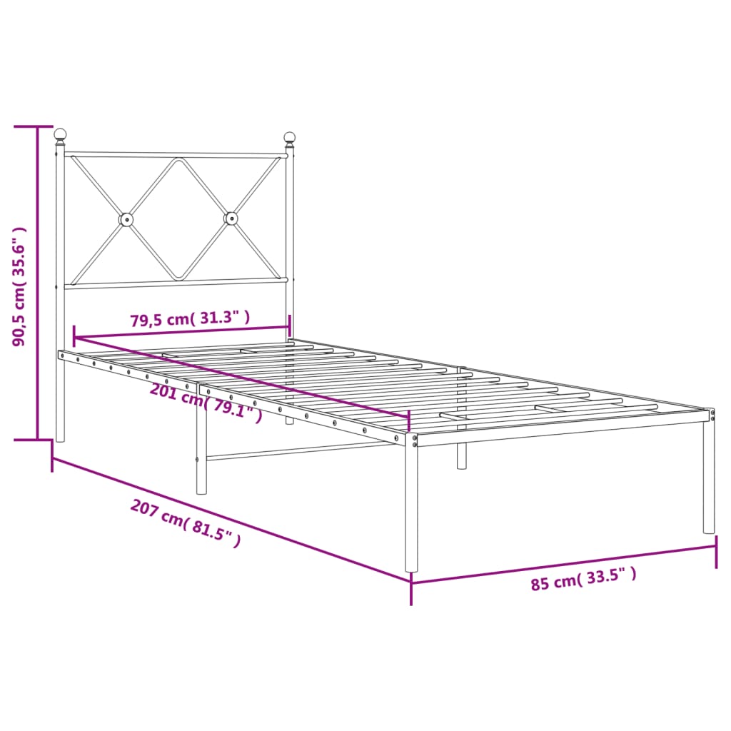 Sengeramme i metall med hodegavl hvit 80x200 cm