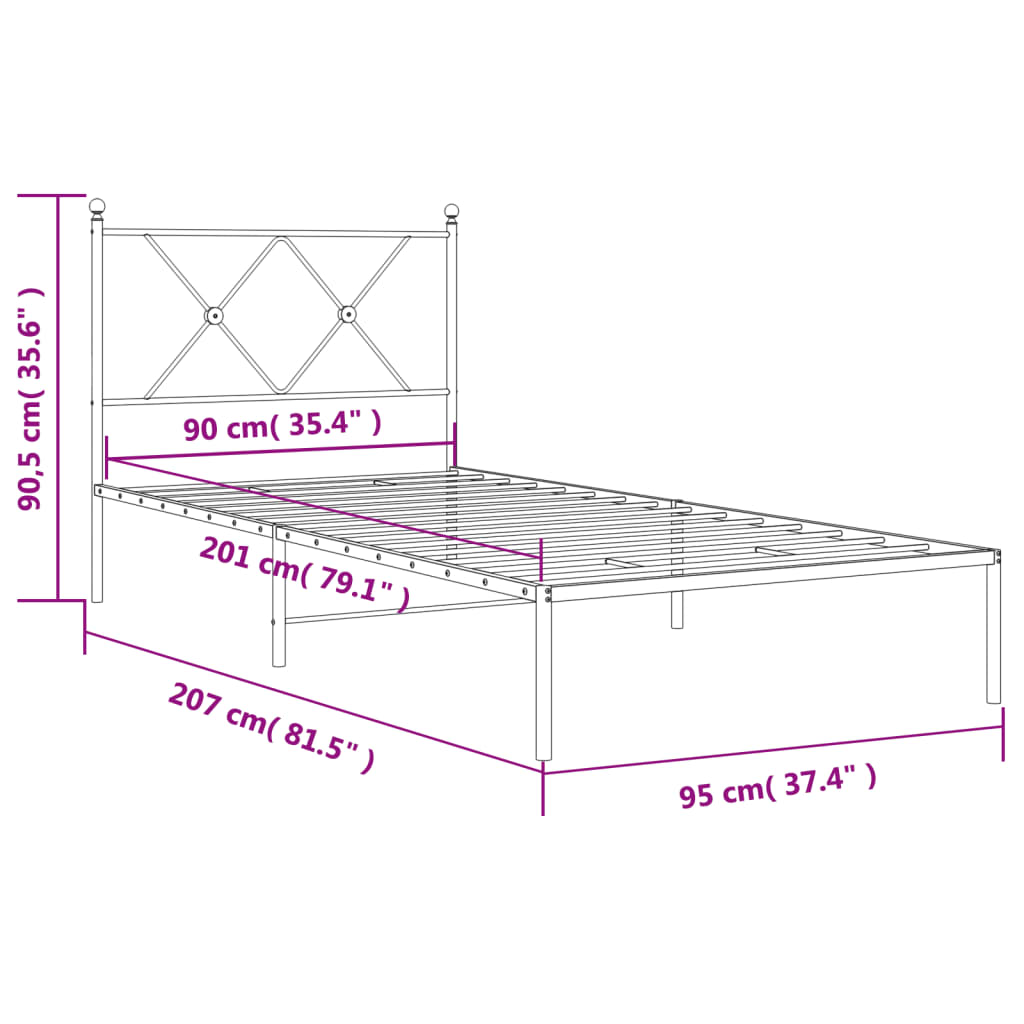 Sengeramme i metall med hodegavl hvit 90x200 cm