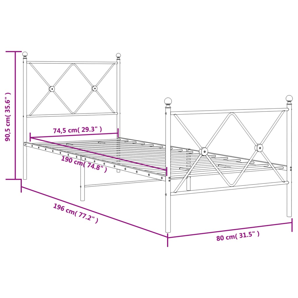 Sengeramme i metall med hode- og fotgavl hvit 75x190 cm