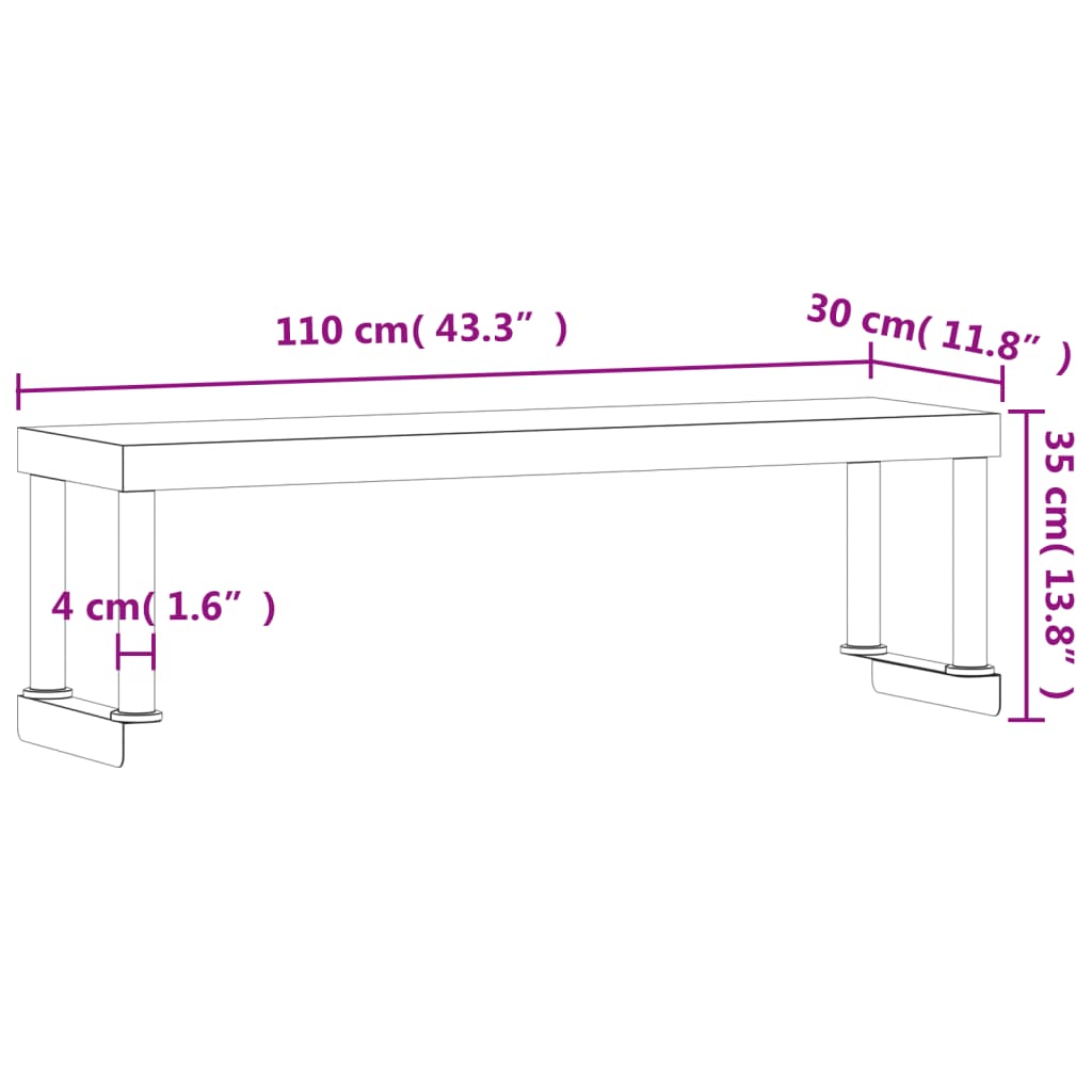 Overhylle til matlagingsbord 110x30x35 cm rustfritt stål