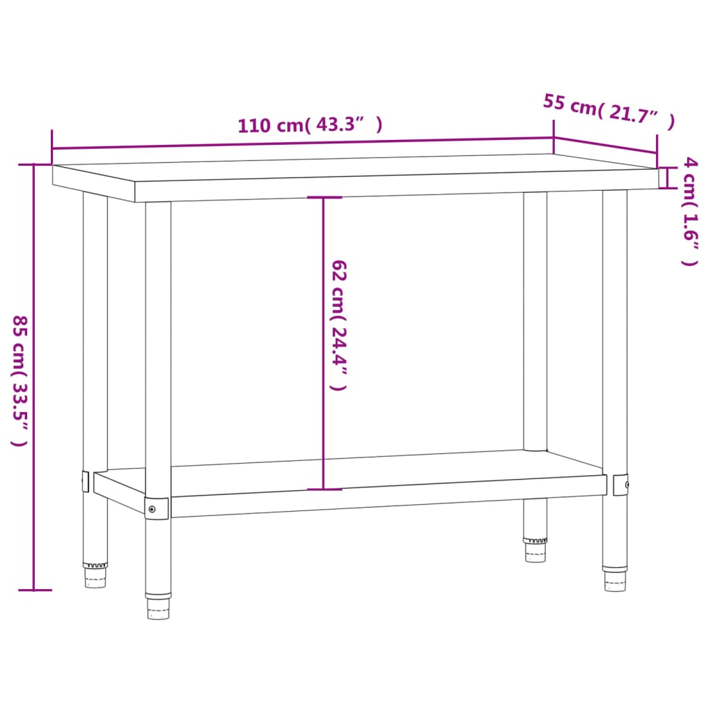 Matlagingsbord for kjøkken 110x55x85 cm rustfritt stål