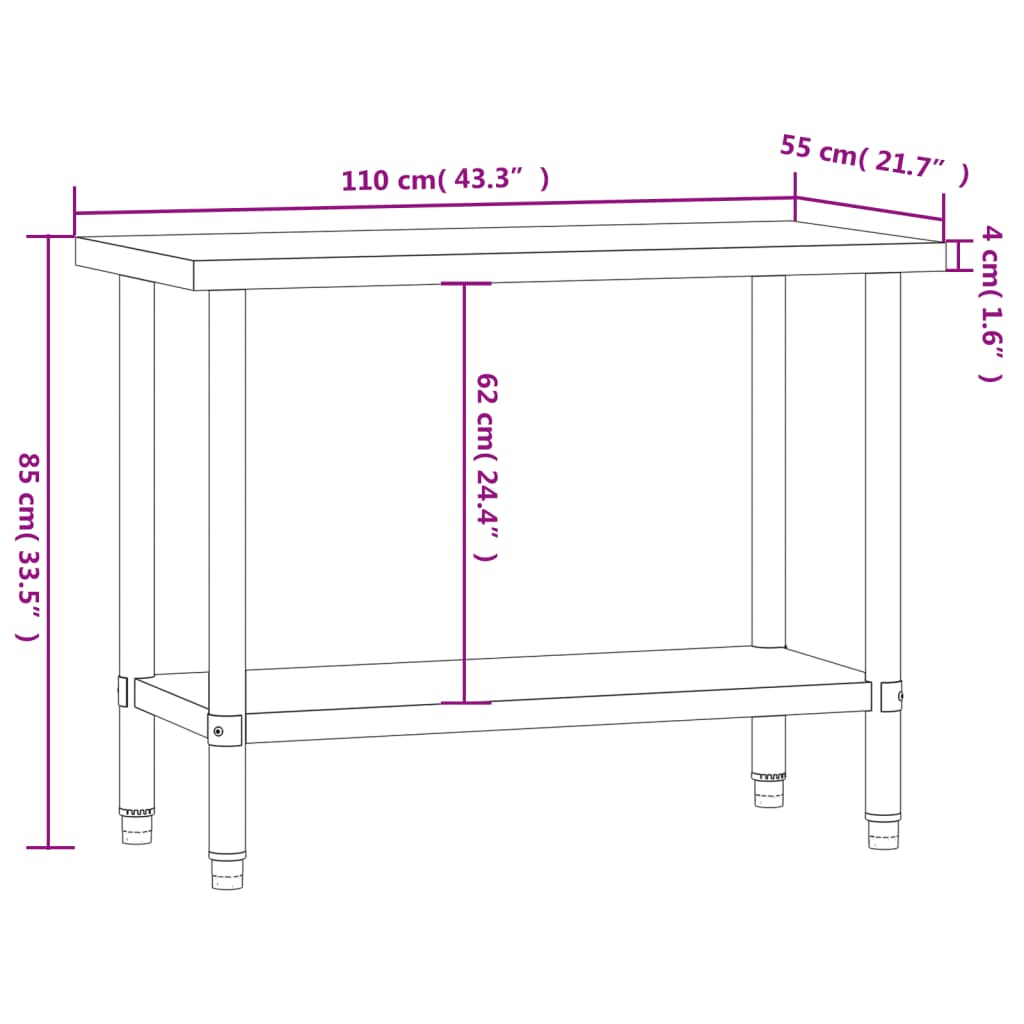 Matlagingsbord for kjøkken 110x55x85 cm rustfritt stål