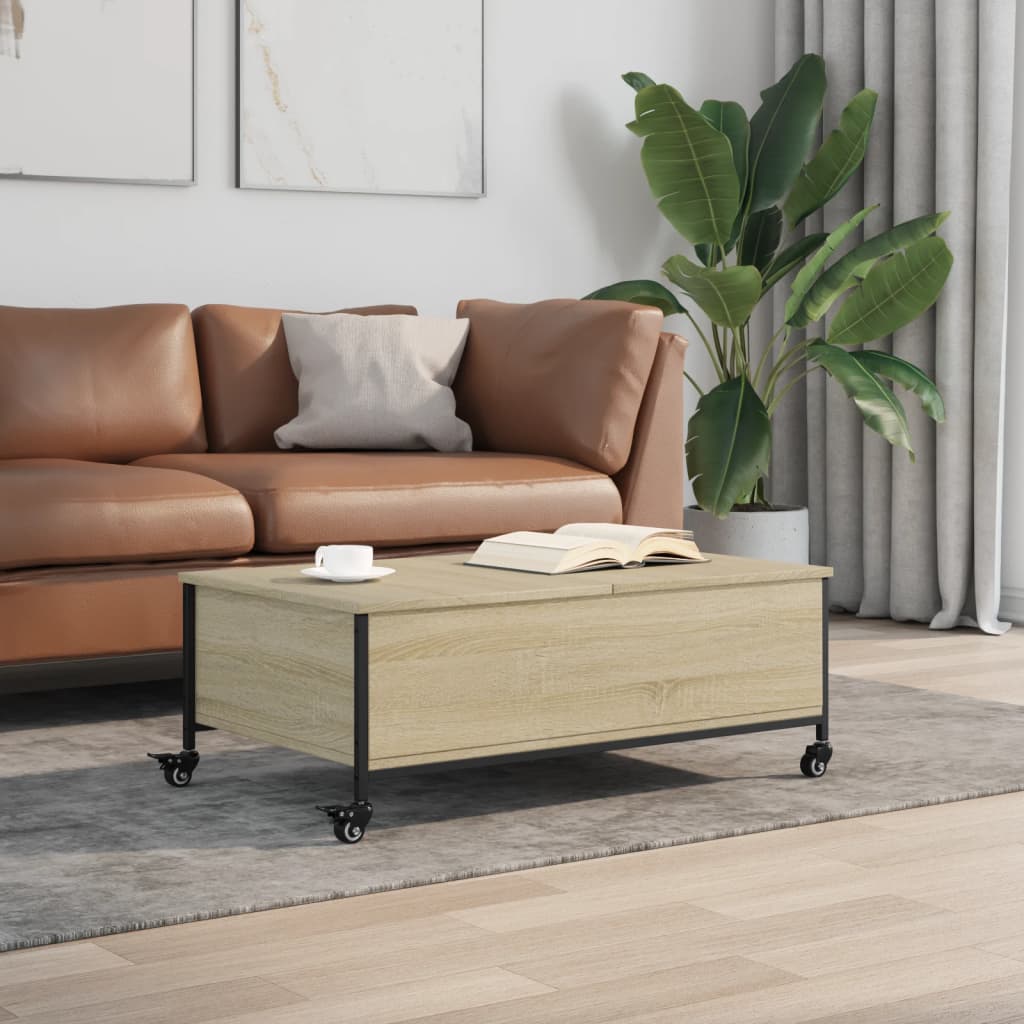 Salongbord med hjul svart 91x55x34 cm konstruert tre