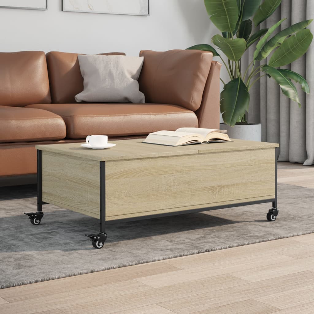 Salongbord med hjul svart 91x55x34 cm konstruert tre
