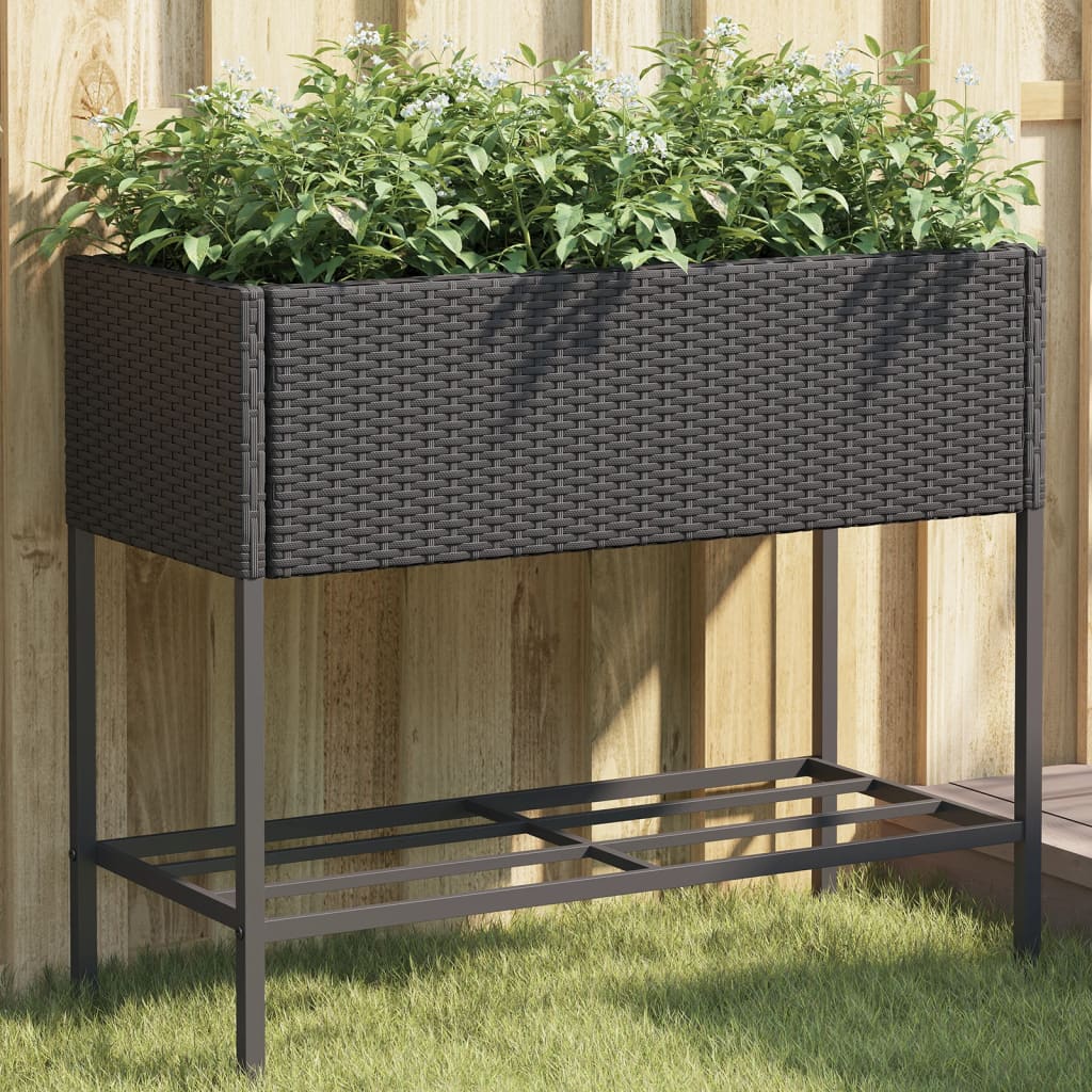 Plantekasse med hylle svart polyrotting