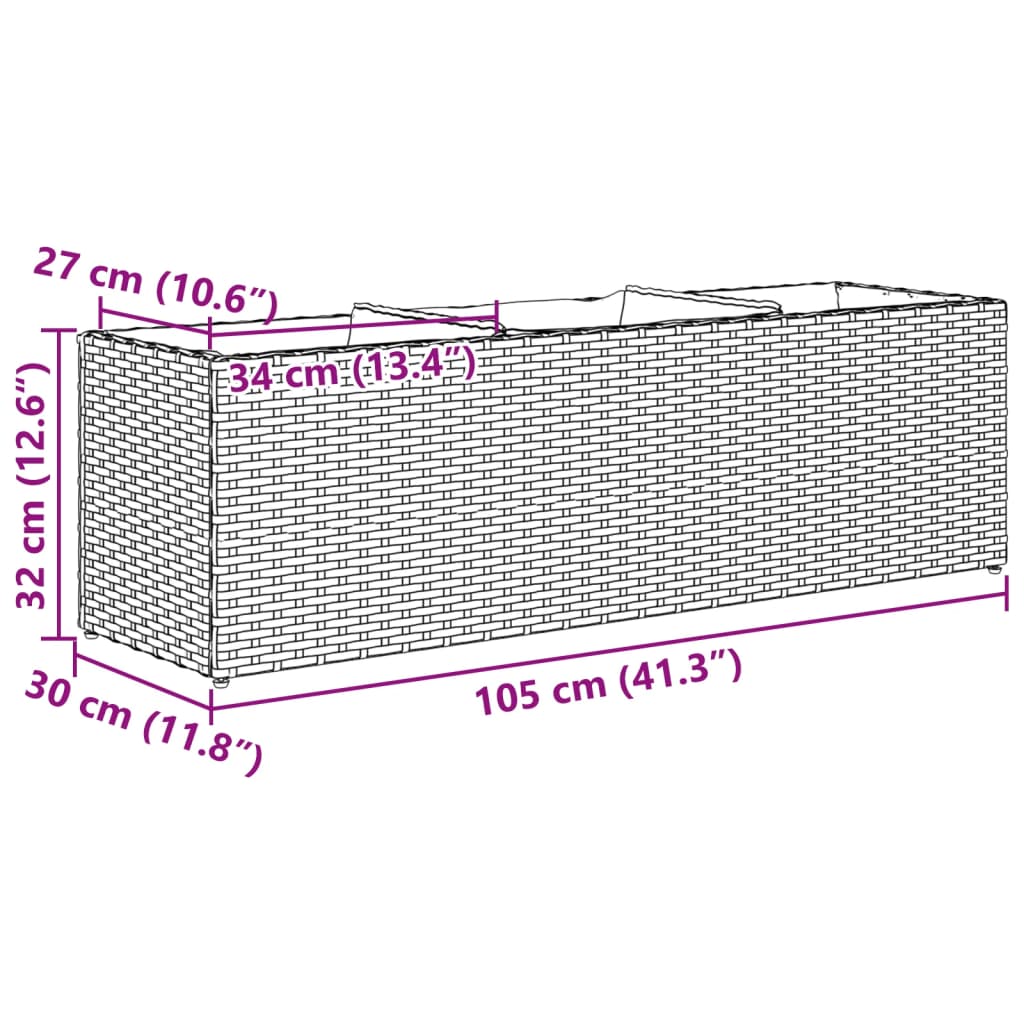 Plantekasse med 3 potter svart 105x30x32 cm polyrotting