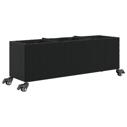 Plantekasse med hjul og 3 potter svart 107x32x38 cm polyrotting