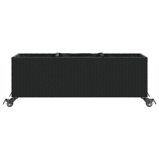 Plantekasse med hjul og 3 potter svart 107x32x38 cm polyrotting