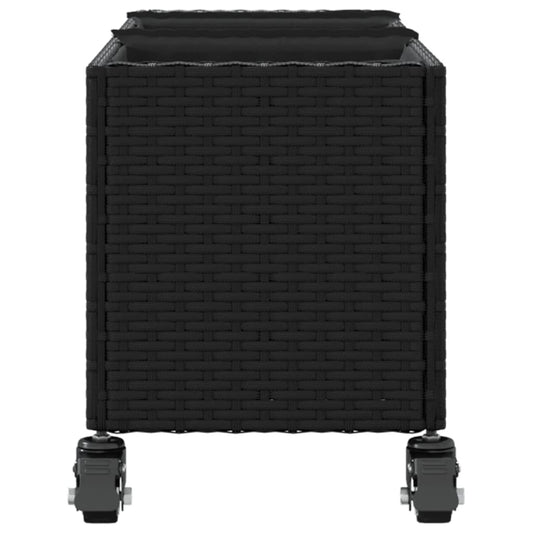 Plantekasse med hjul og 3 potter svart 107x32x38 cm polyrotting