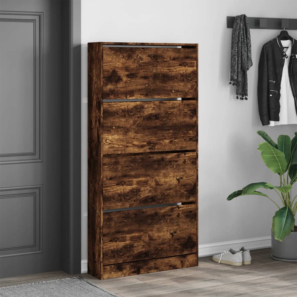 Skoskap med 4 vippeskuffer røkt eik 80x21x163,5 cm