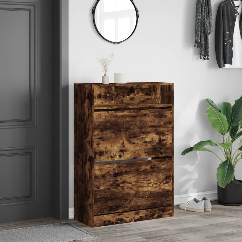 Skoskap med 2 vippeskuffer røkt eik 80x34x116 cm
