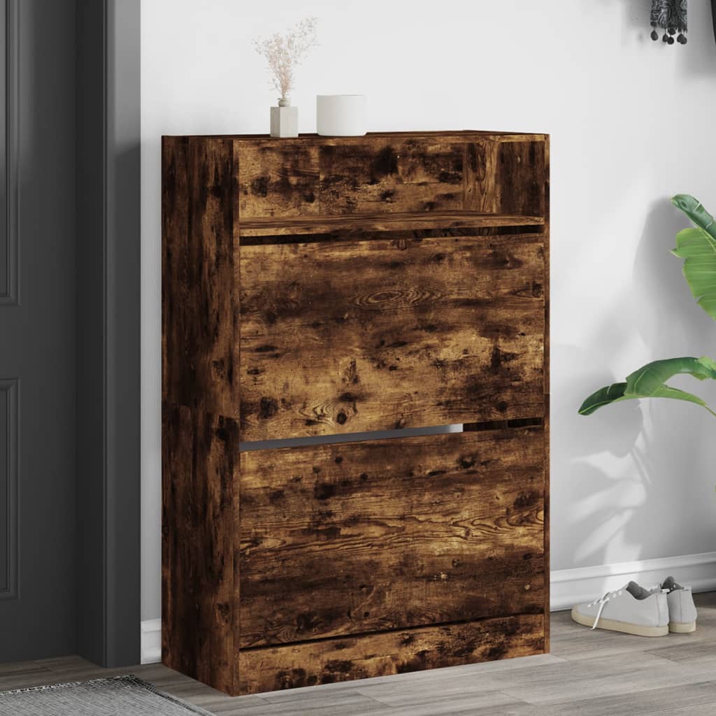 Skoskap med 2 vippeskuffer røkt eik 80x34x116 cm