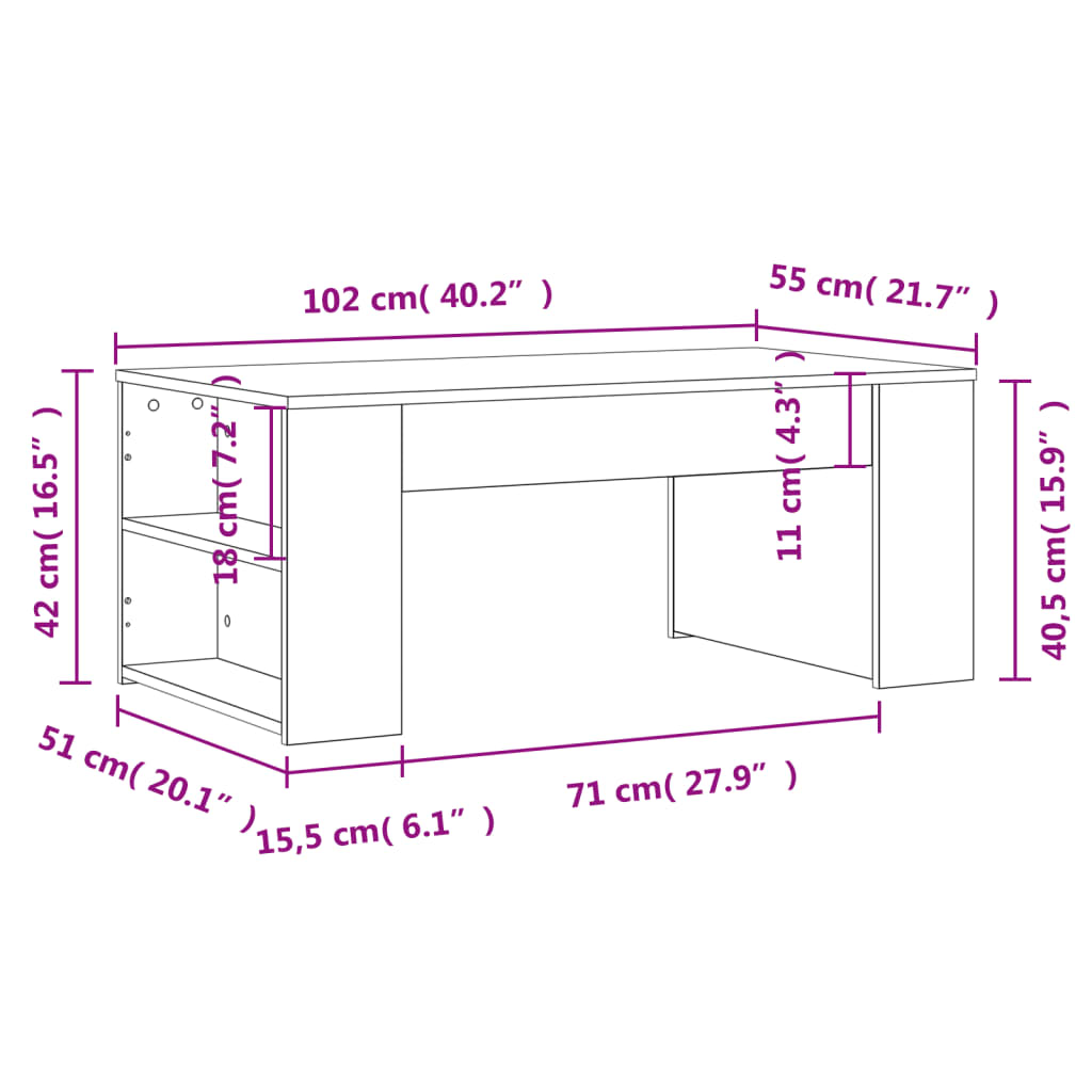 Salongbord hvit 102x55x42 cm konstruert tre