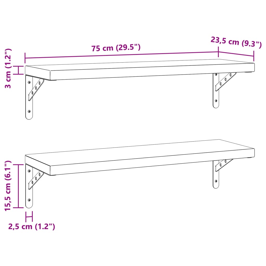 Vegghyller 2 stk 75x23,5 cm svart rustfritt stål