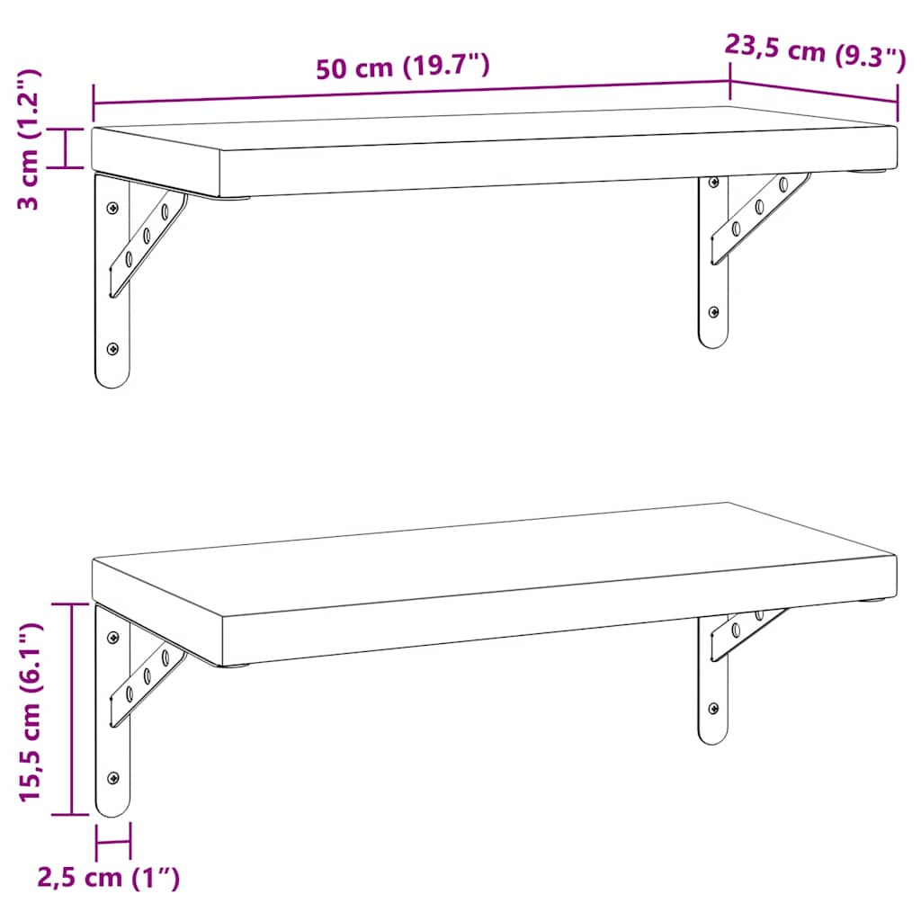 Vegghyller 2 stk 50x23,5 cm svart rustfritt stål