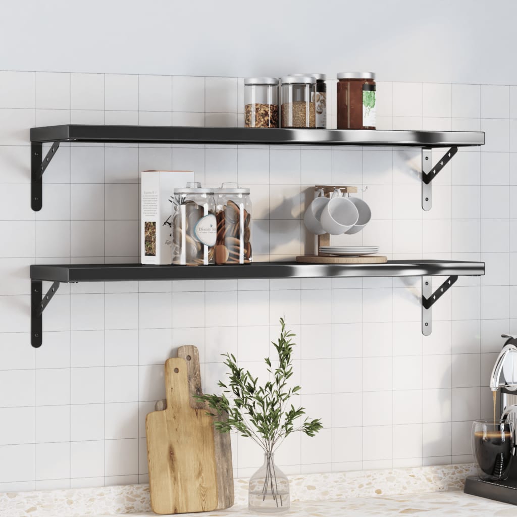 Vegghyller 2 stk 100x23,5x3 cm svart rustfritt stål