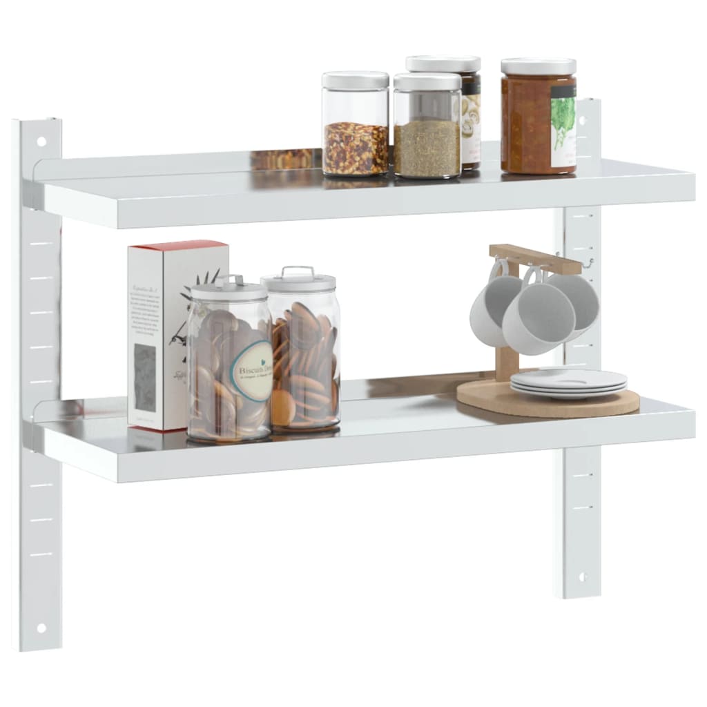 Vegghylle 2 etasjer 75x23,5x60 cm sølv rustfritt stål