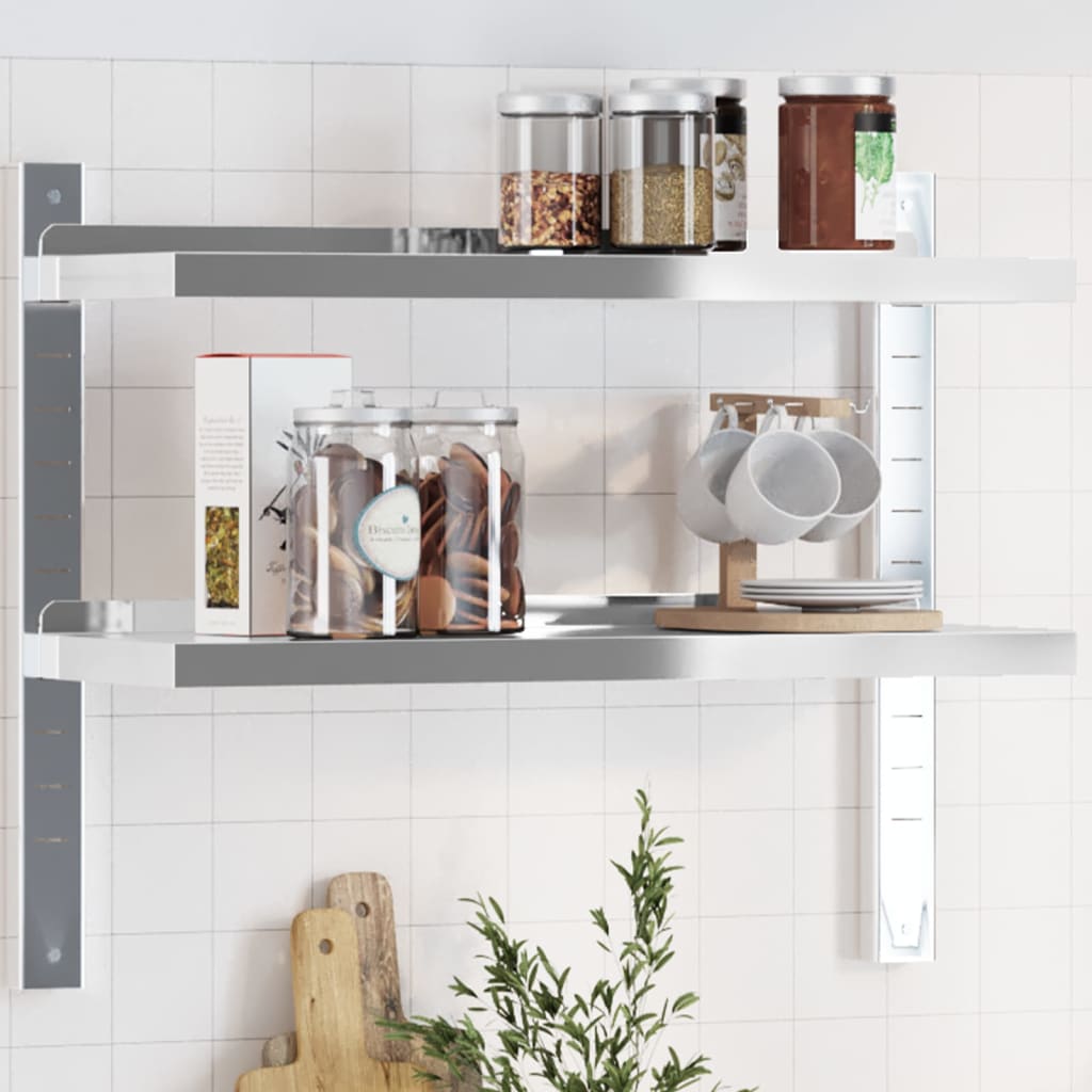 Vegghylle 2 etasjer 75x23,5x60 cm sølv rustfritt stål