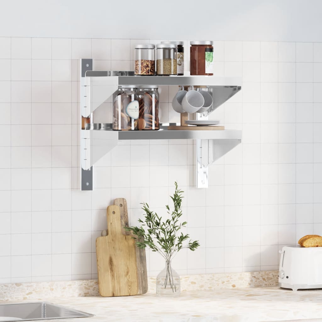 Vegghylle 2 etasjer 50x30x48 cm sølv rustfritt stål