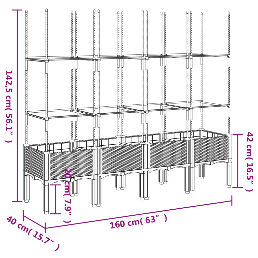 Plantekasse med espalier blågrå 160x40x142,5 cm PP