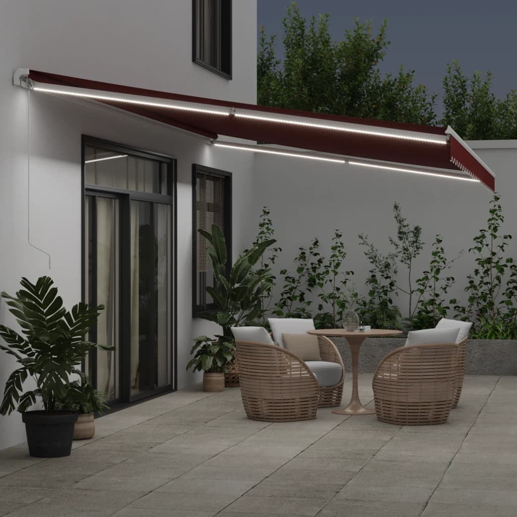 Manuell uttrekkbar markise med LED burgunder 600x350 cm