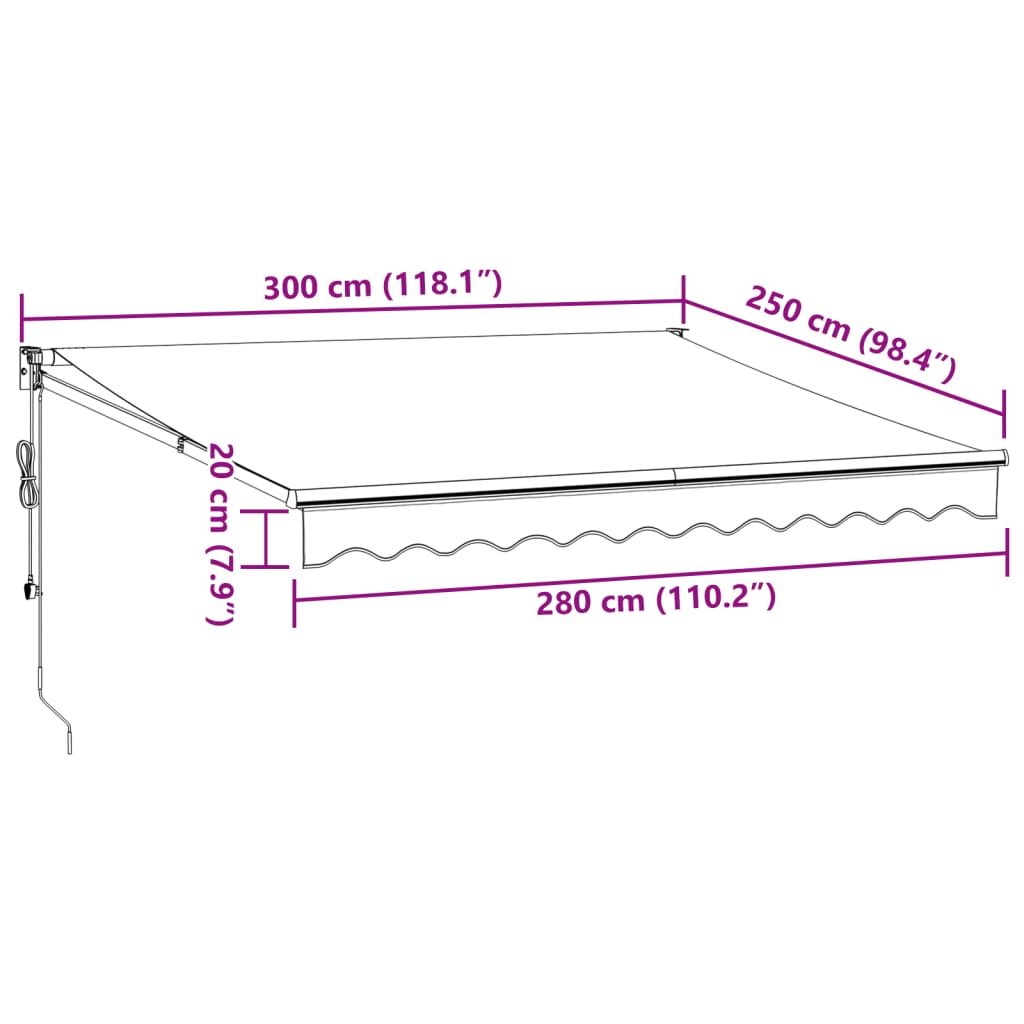 Automatisk uttrekkbar markise med LED burgunder 300x250 cm