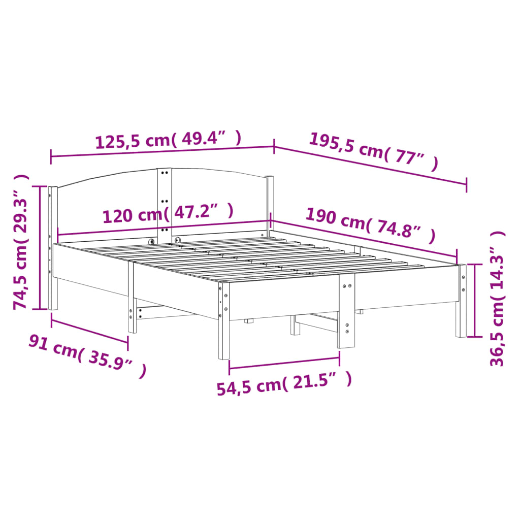 Sengeramme uten madrass hvit 120x190 cm heltre furu