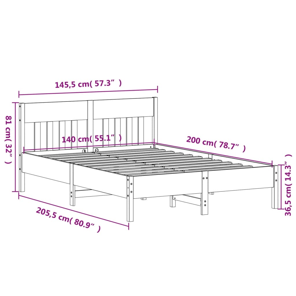 Sengeramme uten madrass 140x200 cm heltre furu