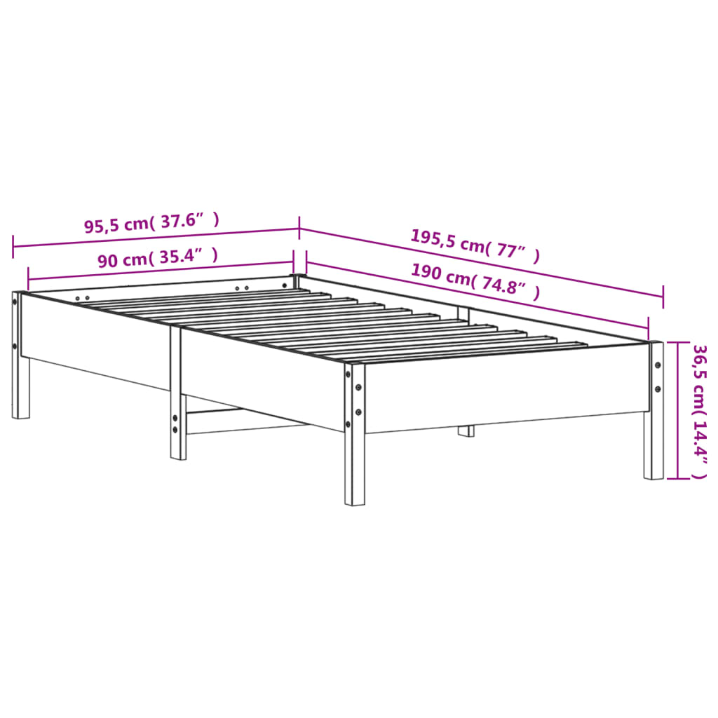Sengeramme uten madrass hvit 90x190 cm heltre furu