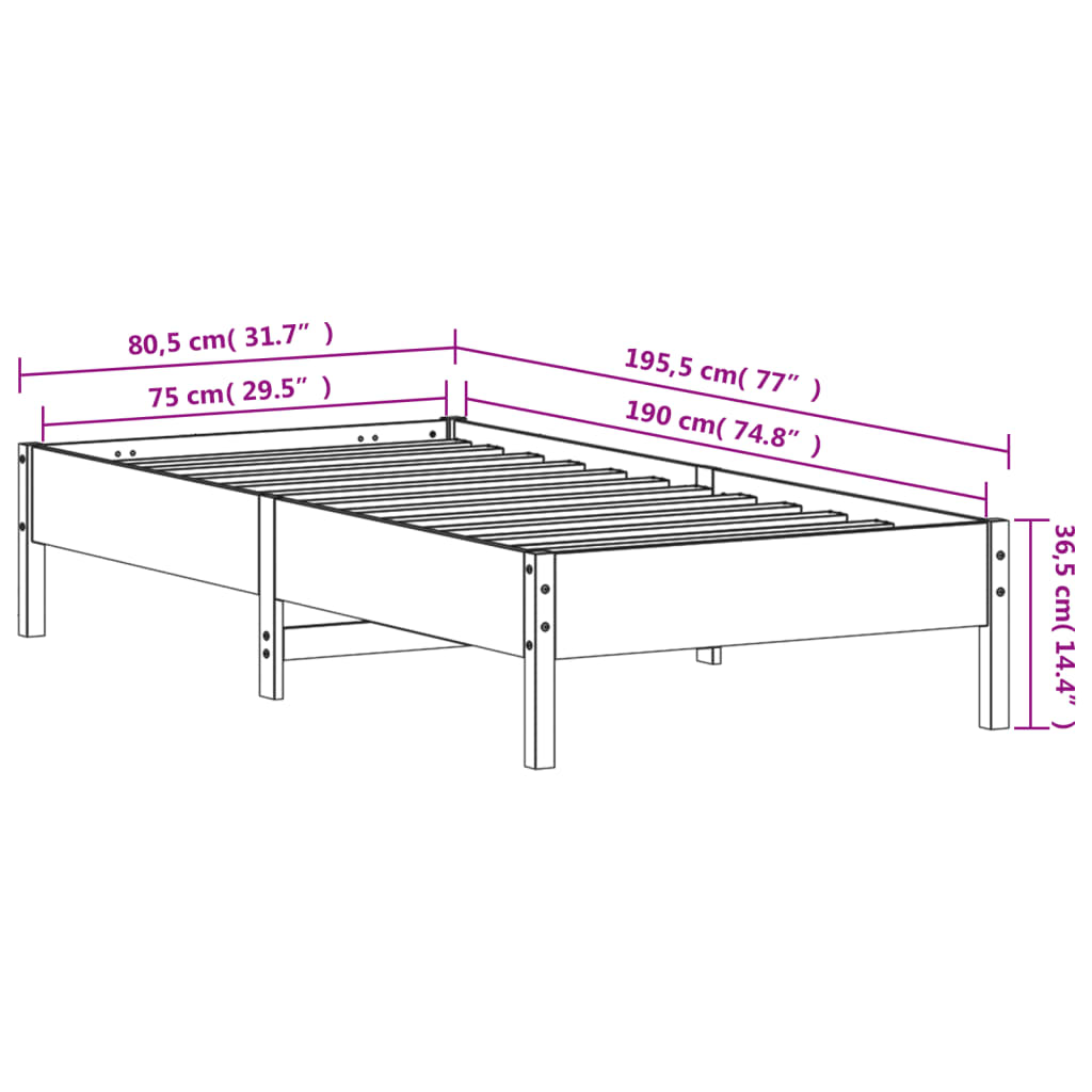 Sengeramme uten madrass hvit 75x190 cm heltre furu