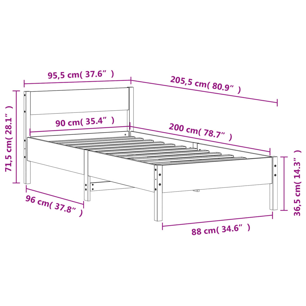 Sengeramme uten madrass voksbrun 90x200 cm heltre furu