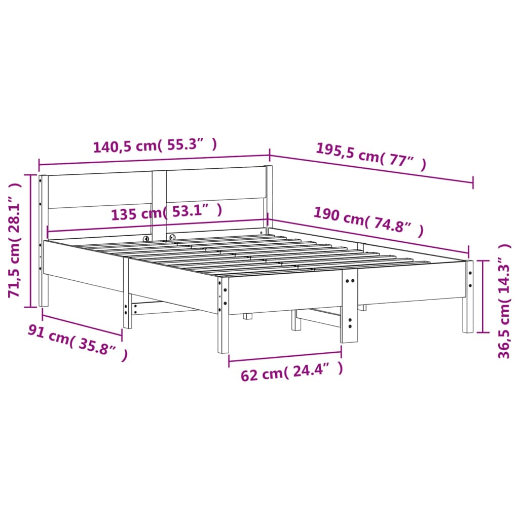 Sengeramme uten madrass hvit 135x190 cm heltre furu