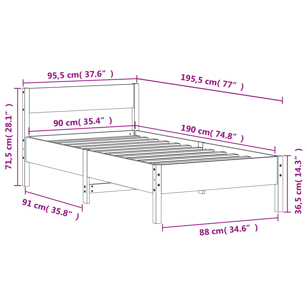Sengeramme uten madrass voksbrun 90x190 cm heltre furu