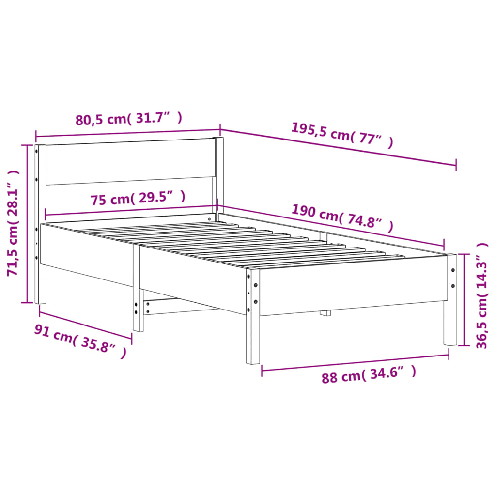 Sengeramme uten madrass voksbrun 75x190 cm heltre furu
