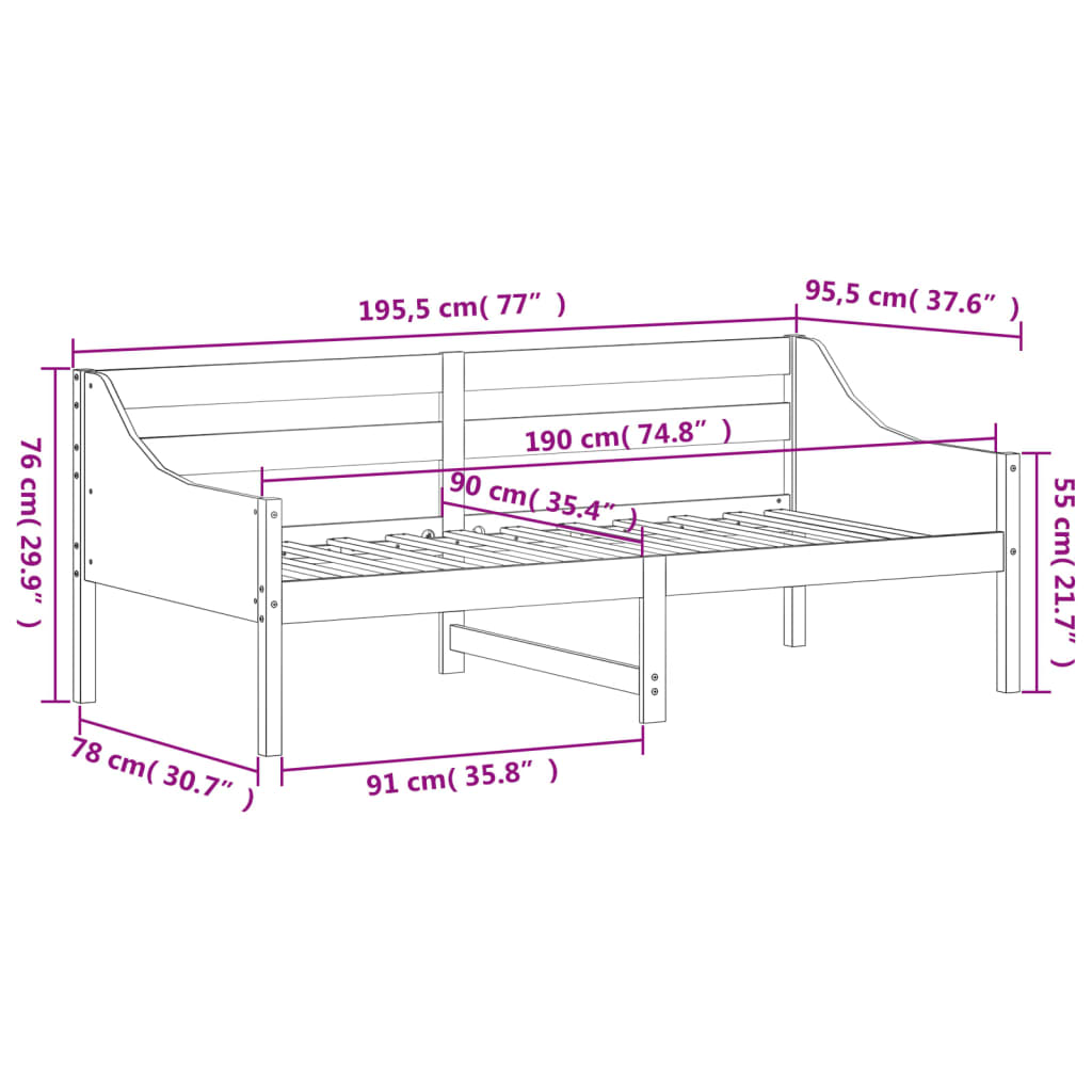 Dagseng uten madrass hvit 90x190 cm heltre furu