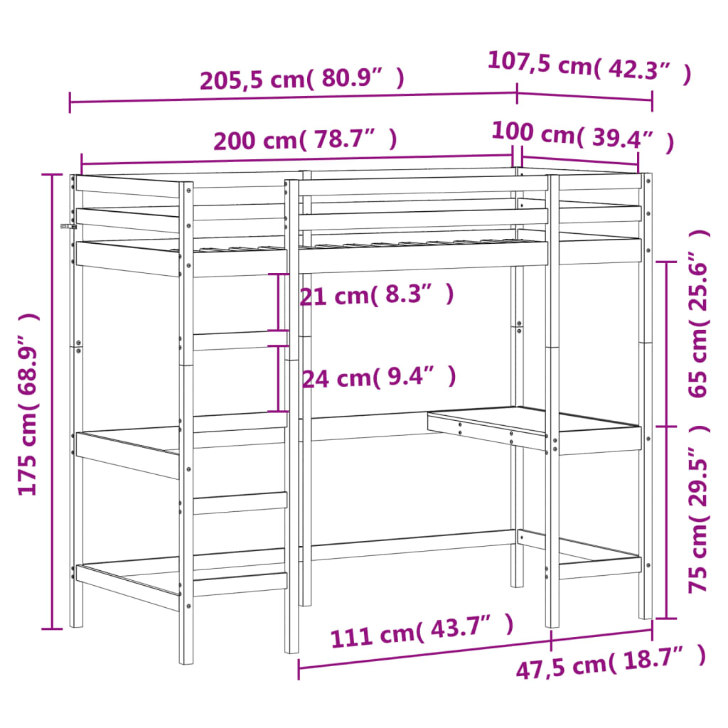 Køyeseng med skrivebord hvit 100x200 cm heltre furu